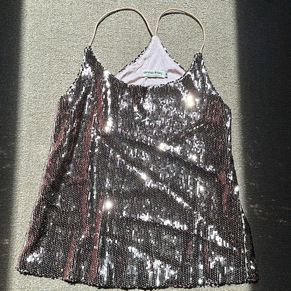 Pink sequin top M - sleeveless / spaghetti straps - Picture 6 of 7